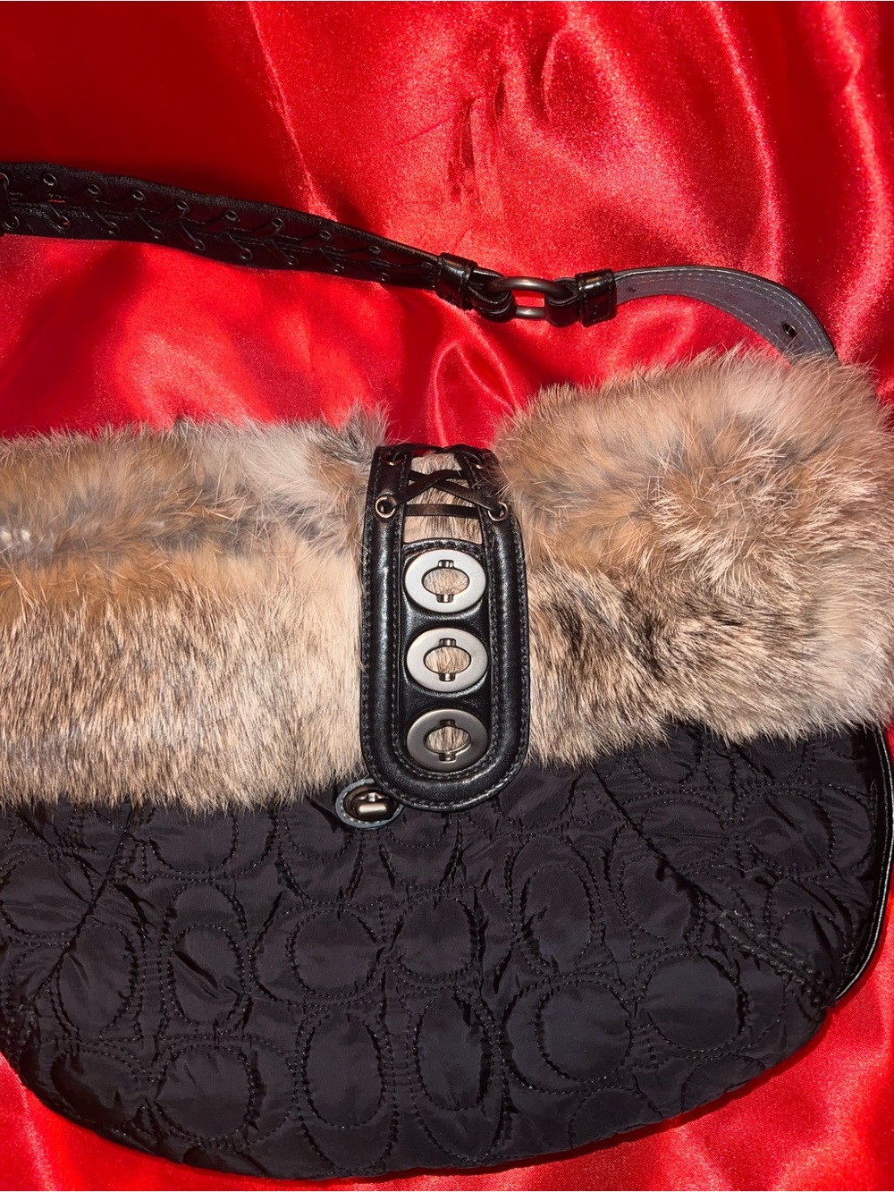 Coach Black Quilted Hobo with Natural Faux Fur Trim